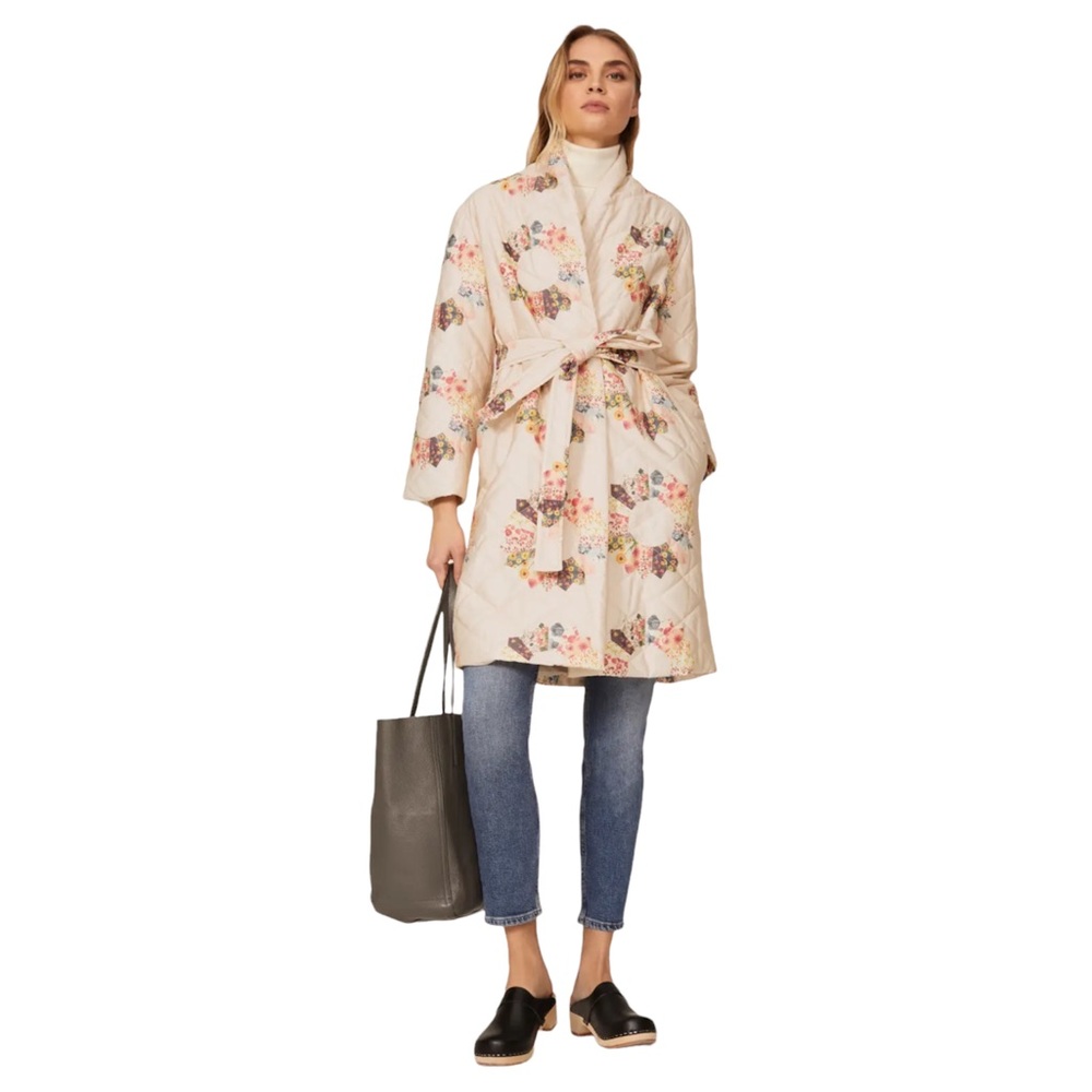 Samantha Sipos Quilted Sunburst Coat Long Trench Robe Shawl Neck Women’s Medium - Picture 2 of 13